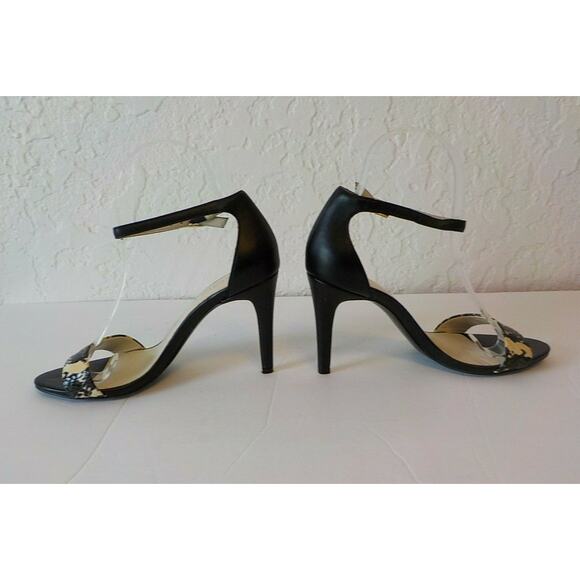 Aldo Black Sandals 6.5 M Stilettos Heel Ankle Strap Faux Leather Animal Print - Picture 5 of 12